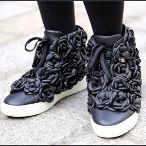 Chanel Camellia Sneakers Black Leather Hightops